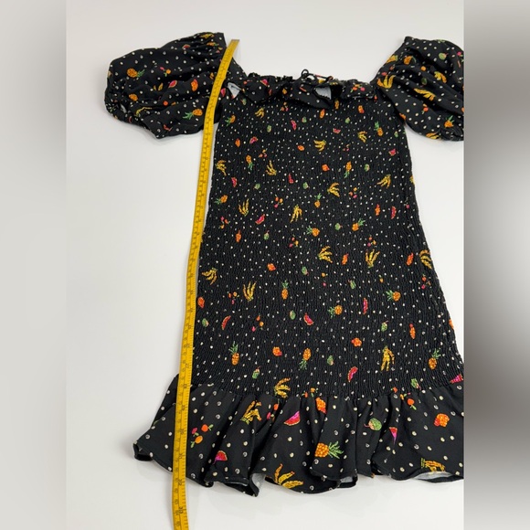 FARM RIO Dress Mini Tiny Fruits Smocked Puff Sleeve Ruffle Sz S Black Multicolor - Picture 4 of 9